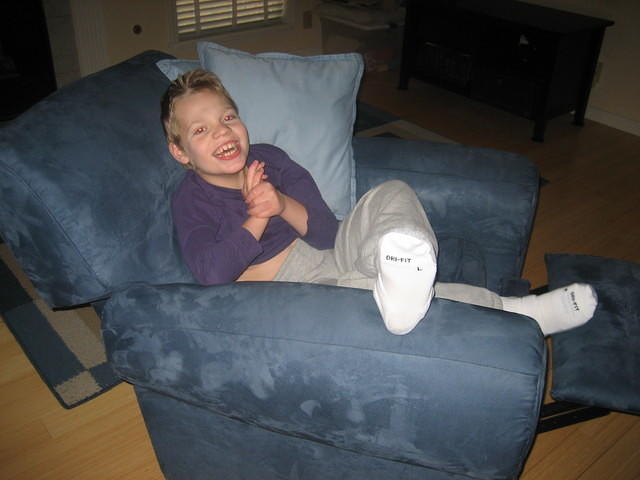 Does this look like a kid with 2 broken femurs?  :-)
As you can see, he is doing very well!