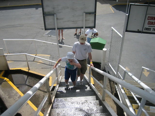 Samuel going up the stairs before riding the Hoosier Hurricane -- his first "adult" coaster.