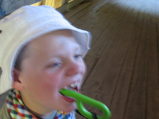 Laughing at something funny.