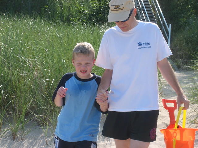Dan and Samuel at the bottom of the stairs.