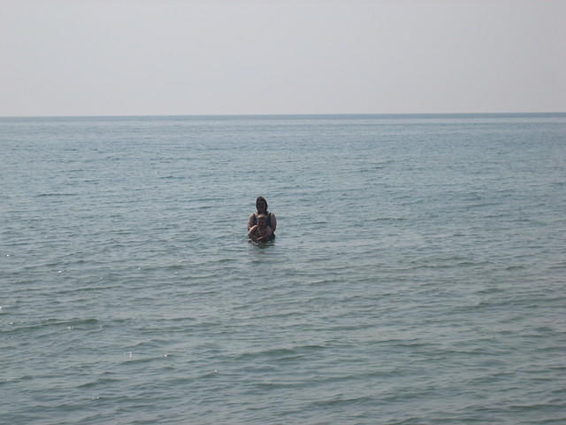 Kathy and Samuel in the water.