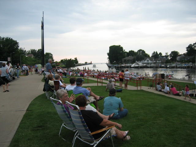 View from the Marina out to Lake Michigan. All the people are listening to the band.