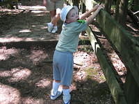 Samuel checks the integrity of the covered bridge.